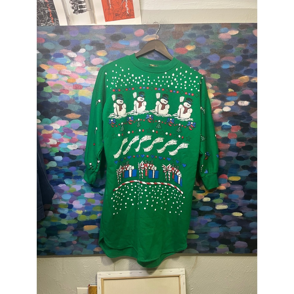 Vintage Starlit Nights Christmas Snowman Puff Print Nightshirt Green One Size